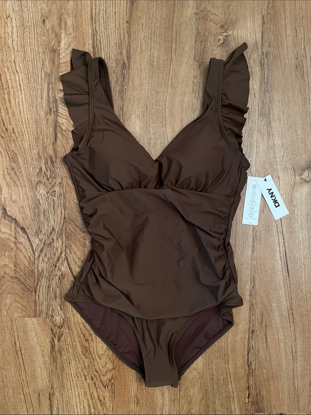 NWT DKNY Ruffle Plunge Underwire Tummy Control One Piece Swimsuit Mocha - Picture 3 of 8